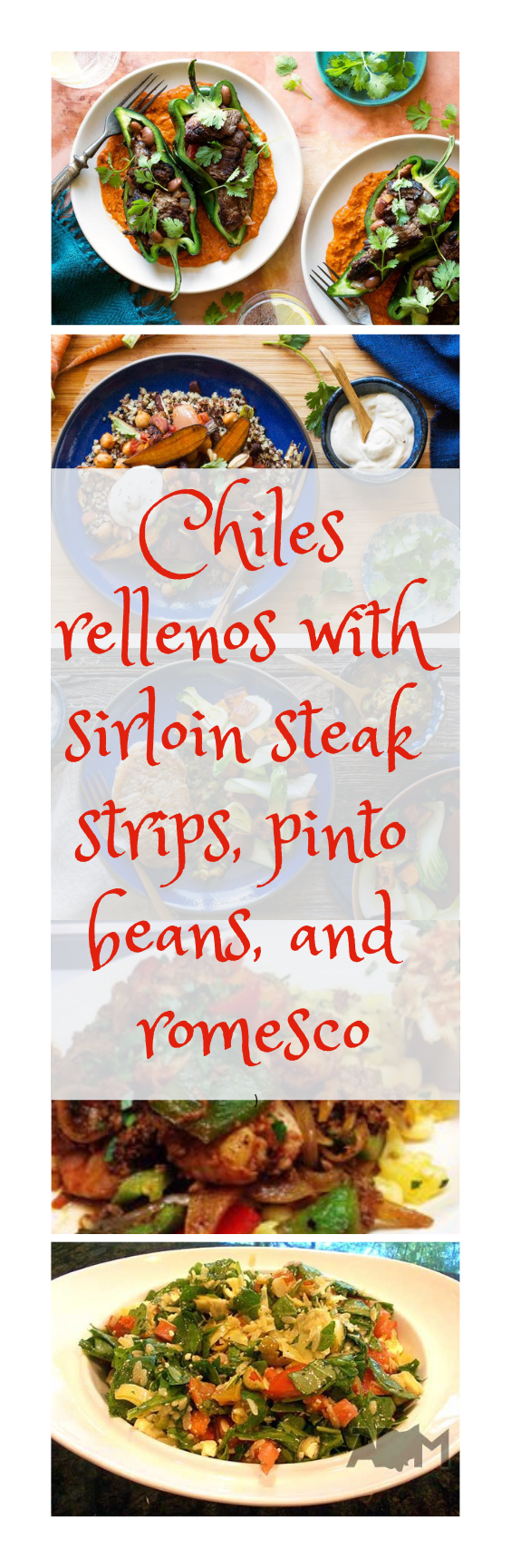 Chiles rellenos with sirloin steak strips, pinto beans, and romesco